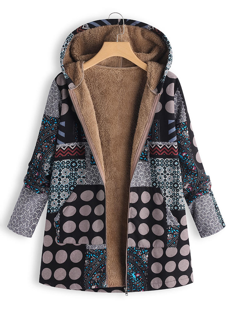 Women Polka Dot Print Fleece Thicken Hooded Vintage Coats