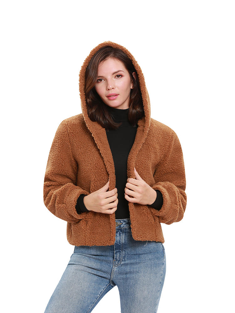 Women Fleece Solid Color Button Hooded Coats