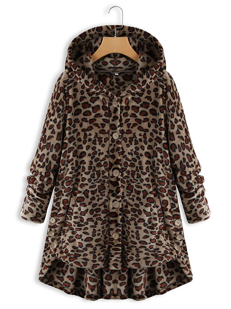 Fleece Leopard Asymmetrical Hem Coats