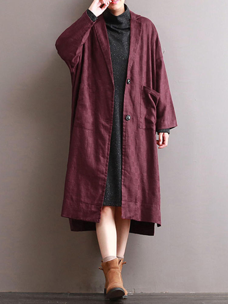 Women Lapel Long Sleeve Buttons Pockets Solid Casual Coat