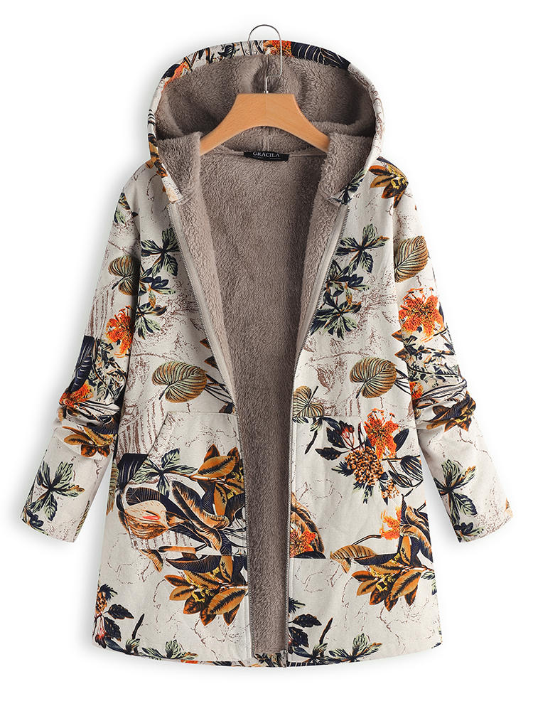 Floral Print Long Sleeve Hooded Vintage Coats