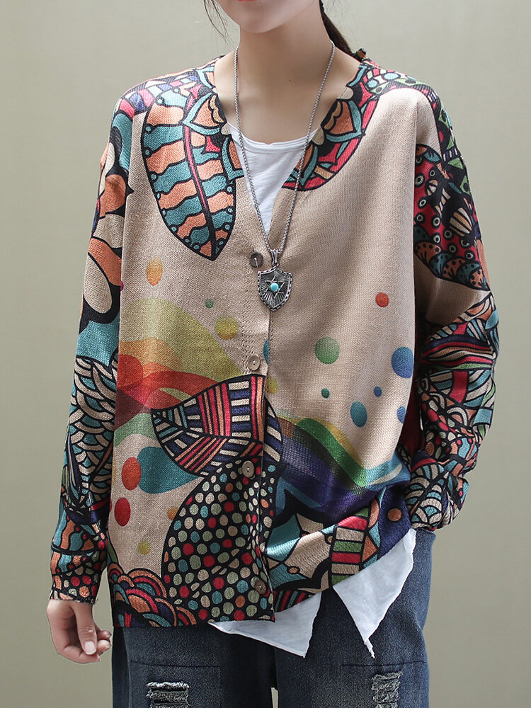 Vintage Ethnic V-Neck Print Cartoon Loose Cardigan Coats