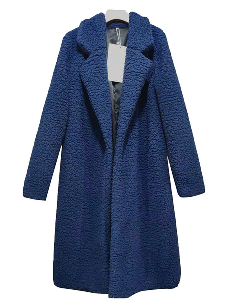 Women Fleece Lapel Pure Color Long Sleeve Warm Jacket Coats