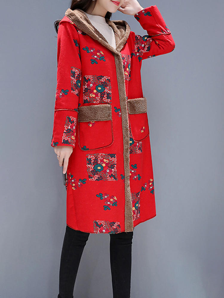 Women Vintage Floral Print Button Long Hooded Coats