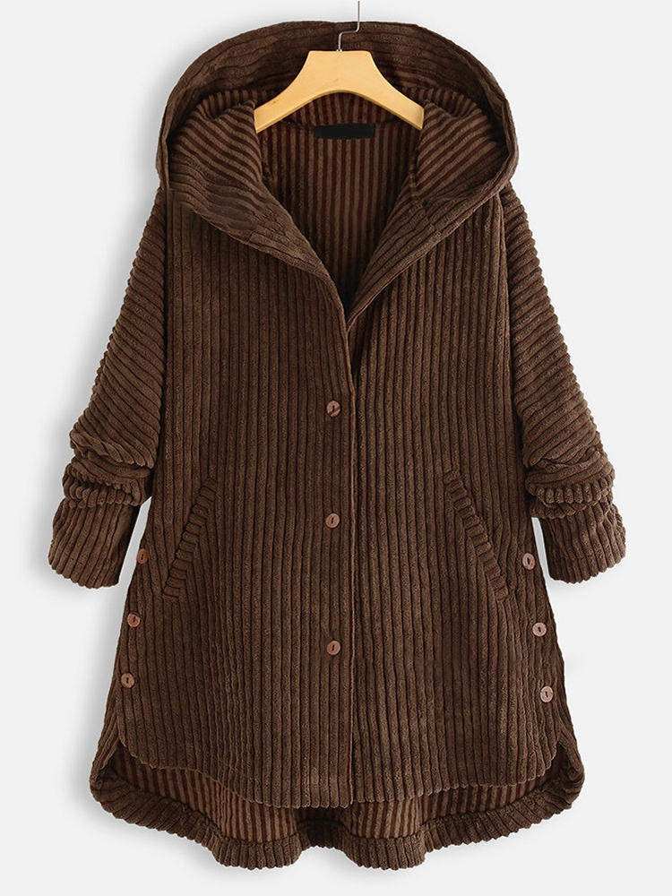 Corduroy Stripe Patch Long Sleeve Thick Button Coats