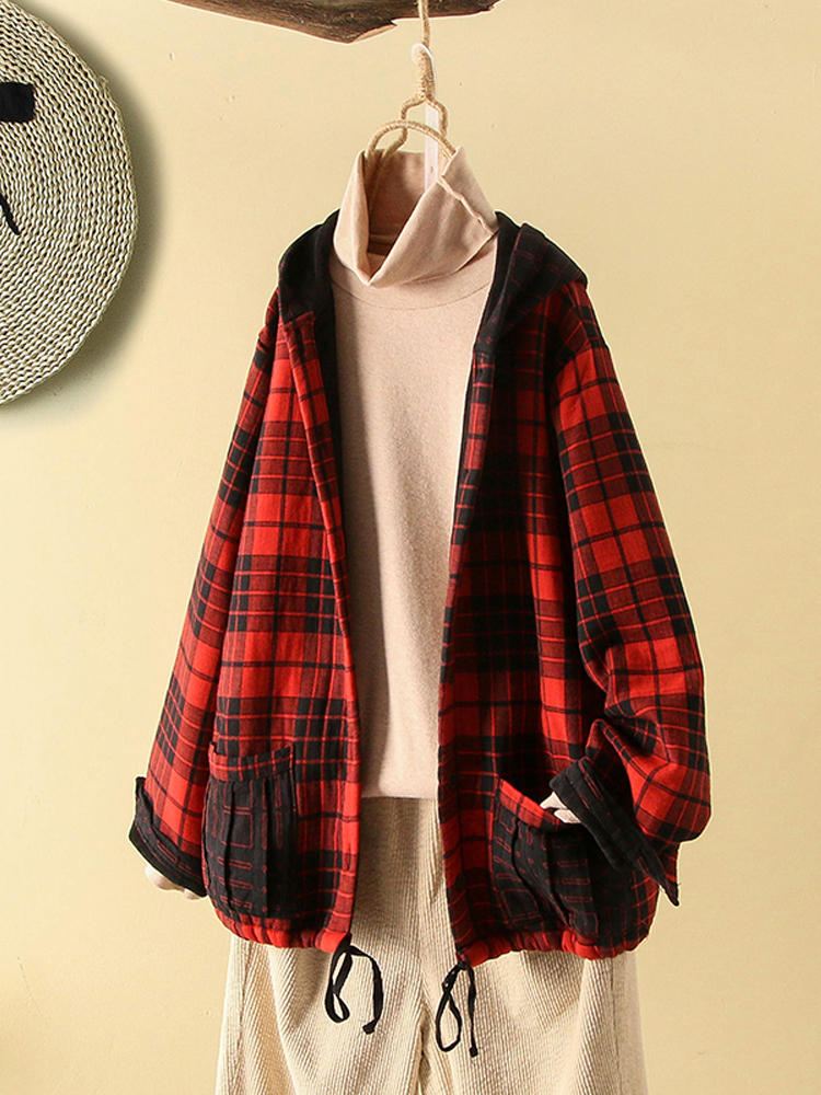 Women Plaid Hooded Cotton Button Jacket