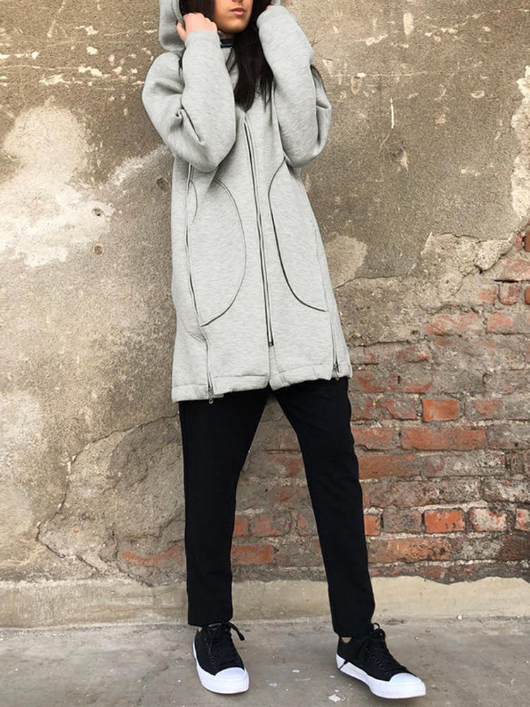 Solid Color Zipper Side Split Long Sleeve Coats