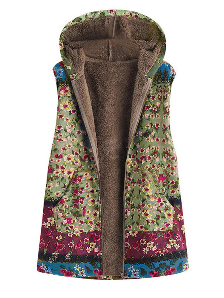 Women Vest Warm Winter Fleece Floral Print Jackets