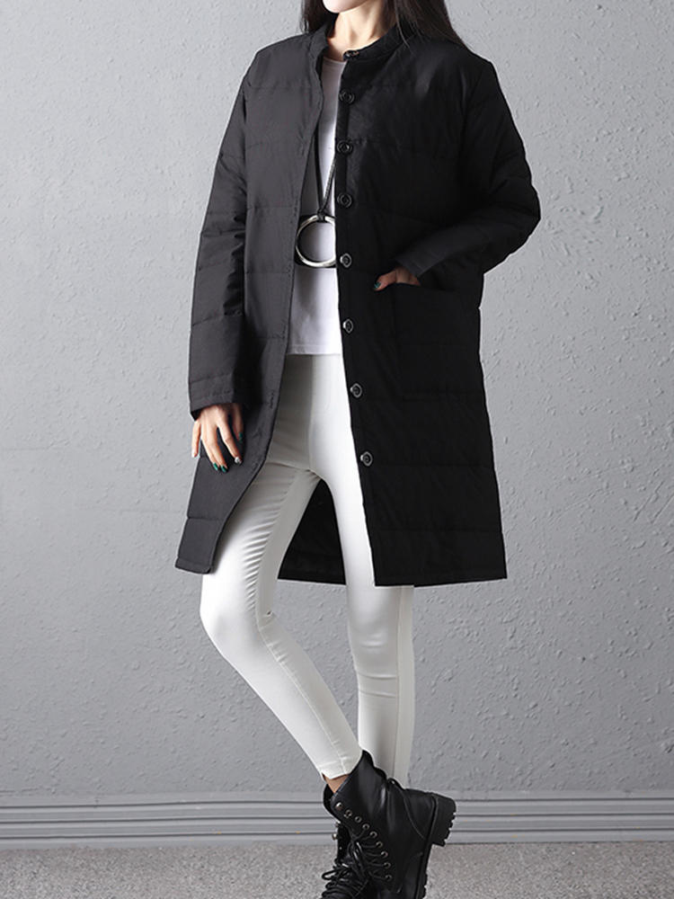 Women Winter Warm Black Long Sleeve Button Mid Long Coats