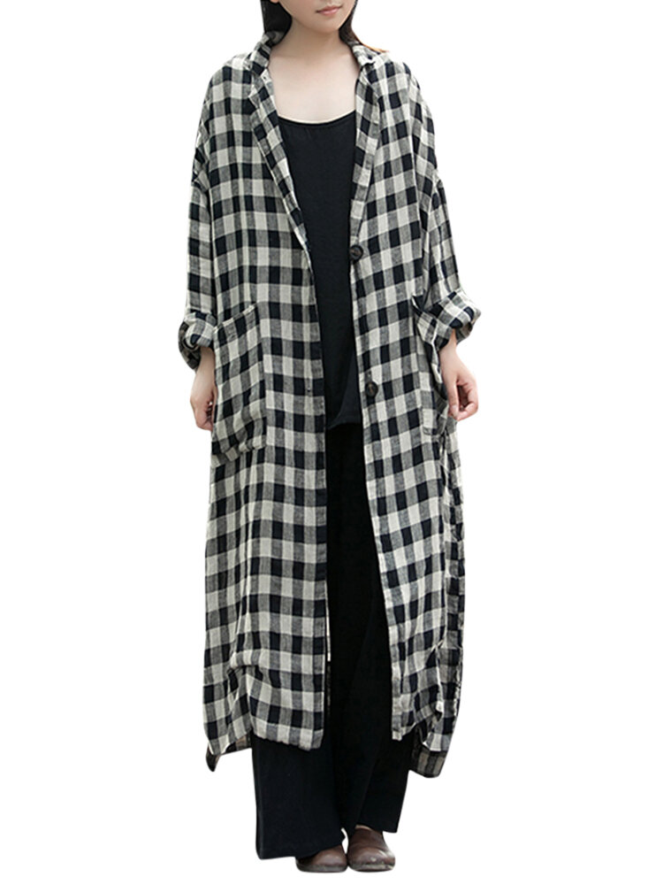 Women Plaid Lapel Button Down Long Maxi Coat Outwear