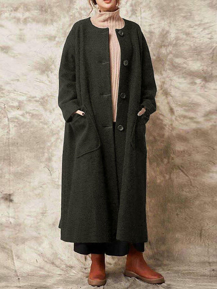 Casual Women Solid Color Button Long Coats with Pockets