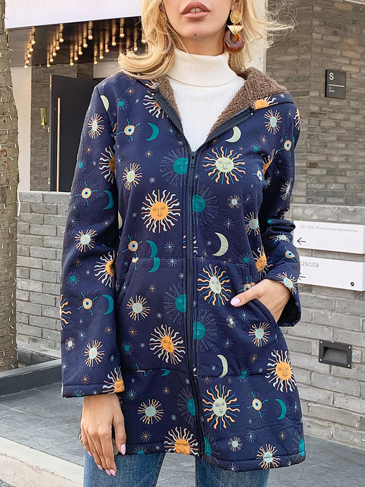 Casual Solor System Print Long Sleeve Plus Fleece Coats