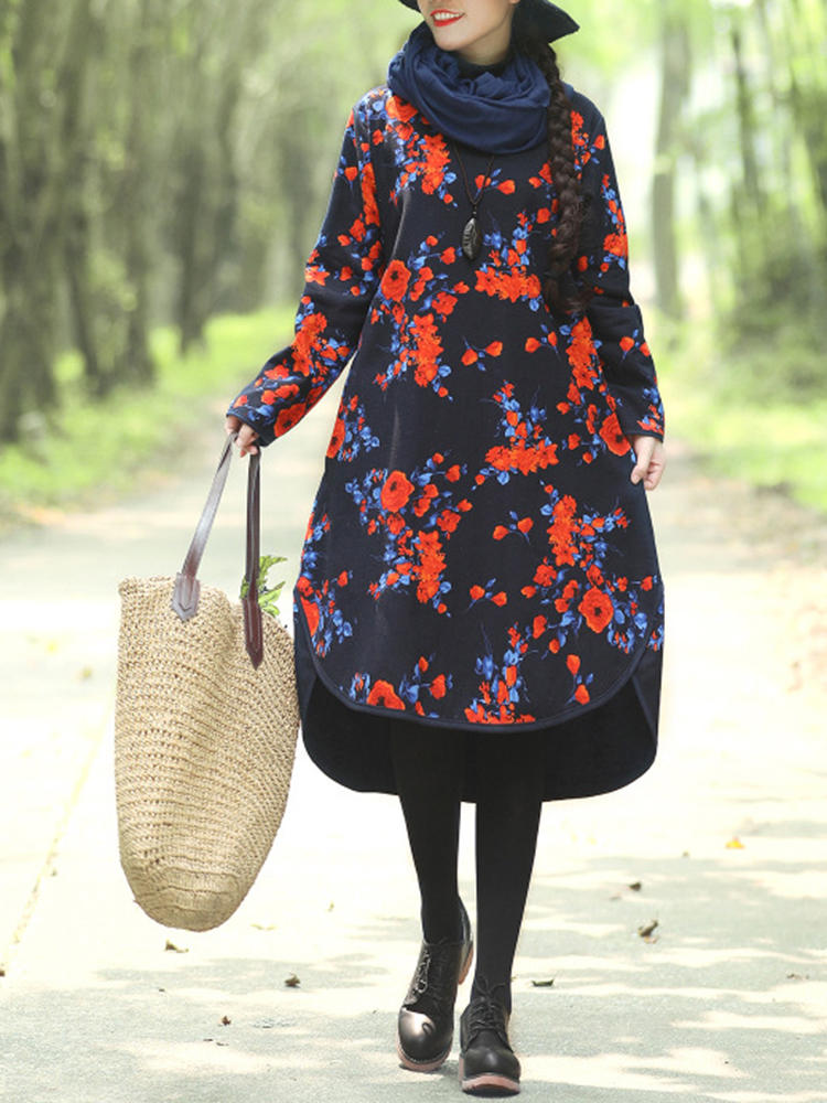 Women Vintage Folk Style Floral Print Long Sleeve Long Coats