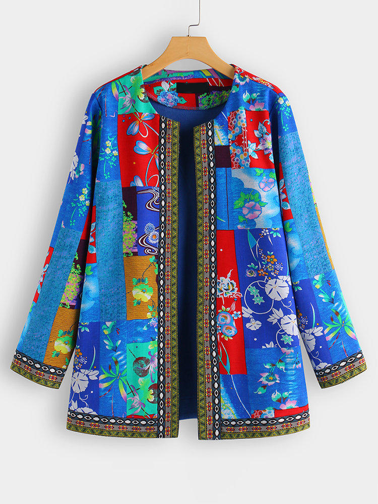 Women Vintage Folk Style Crew Neck Long Sleeve Coats