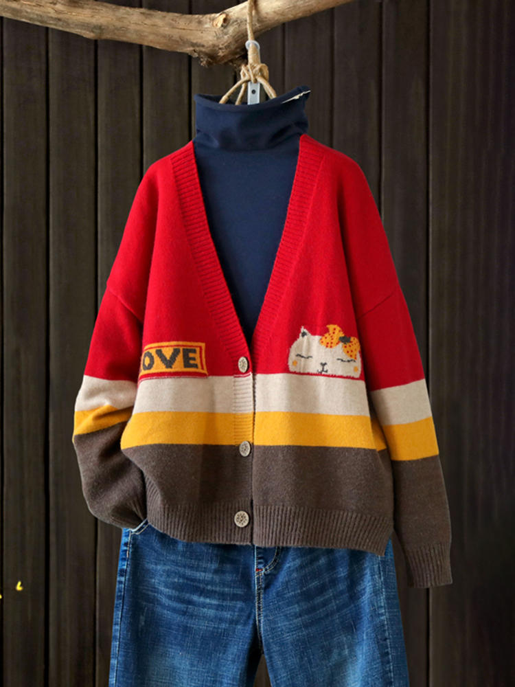 Women Cartoon Color-Block V-Neck Button Down Sweater Coats