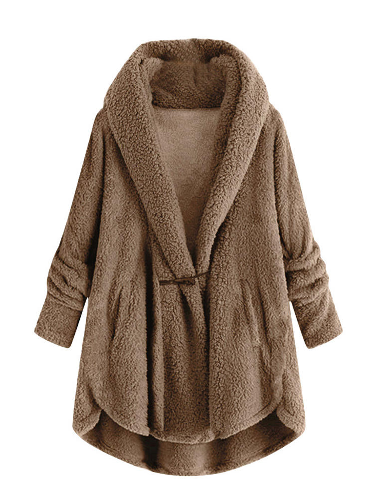 Pure Color Hooded Horn buckle Fleece Coats for Women