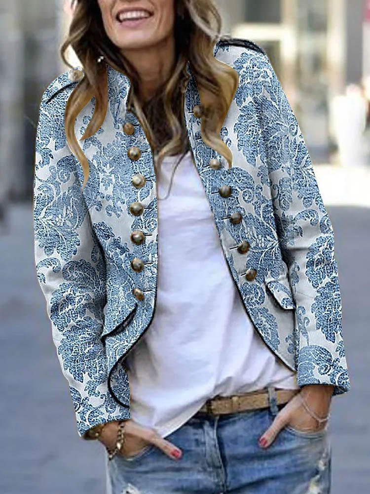 Women Casual Printed Button Long Sleeve Jacket