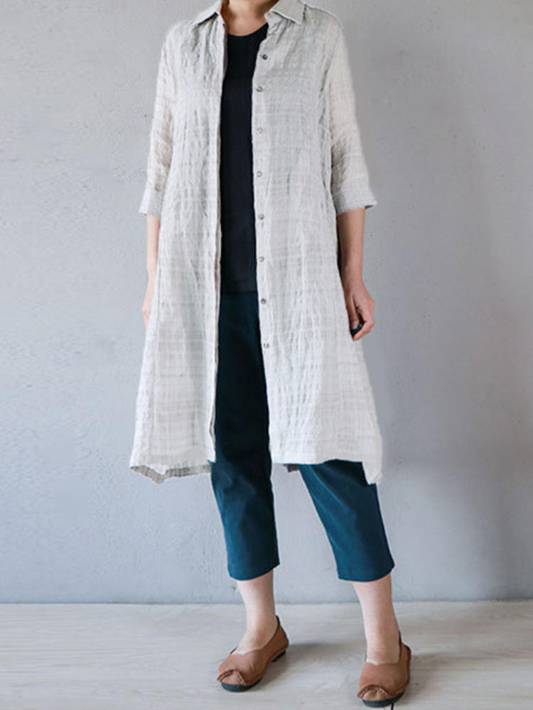 Turn-Down Collar 3/4 Sleeve Plaid Button Long Cardigans