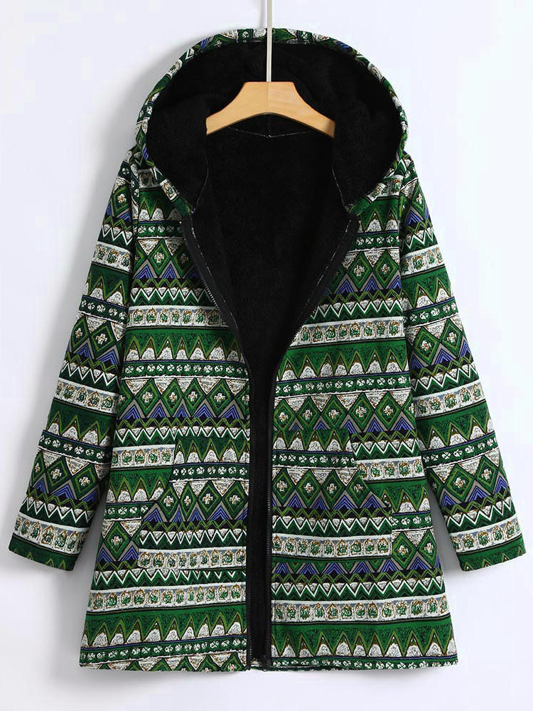 Women Cotton Print Hooded Zipper Coats with Pockets