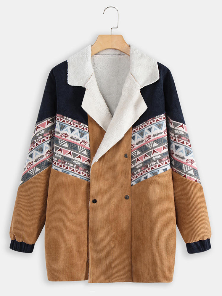 Corduroy Double Breasted Tribal Print Faux Jackets Coats