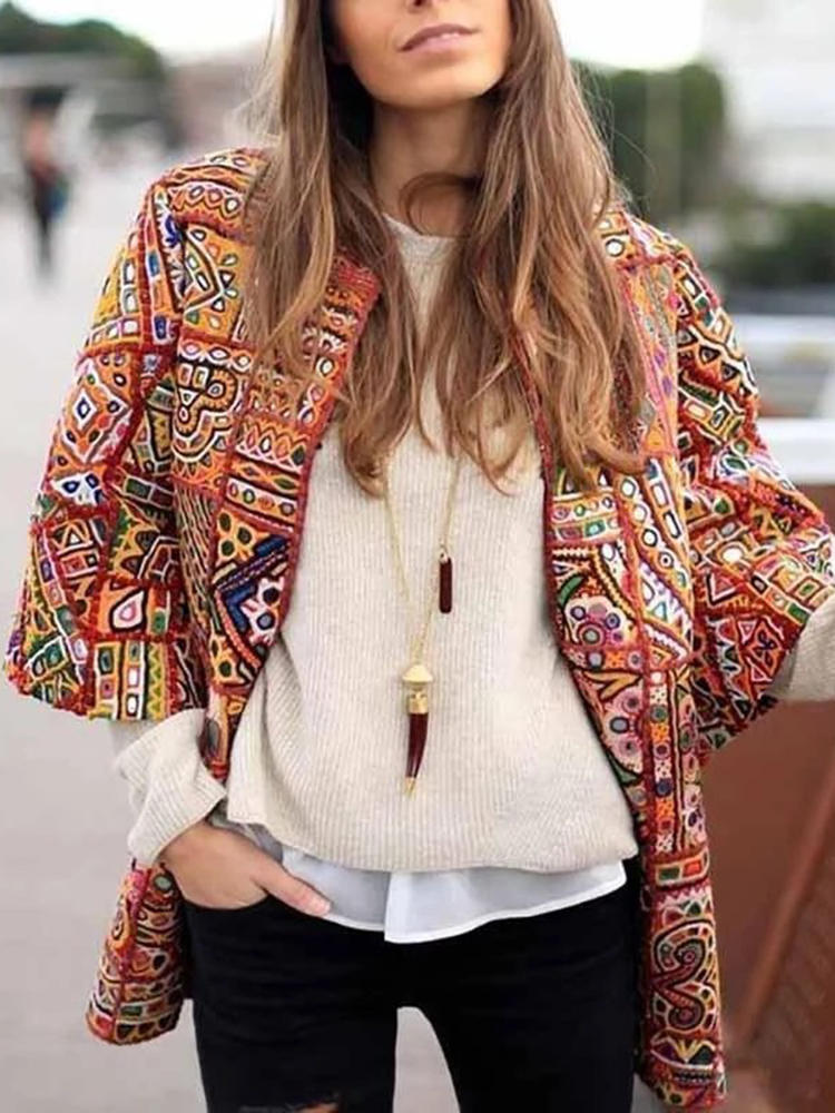 Women Vintage 3/4 Sleeve Printed Blazers