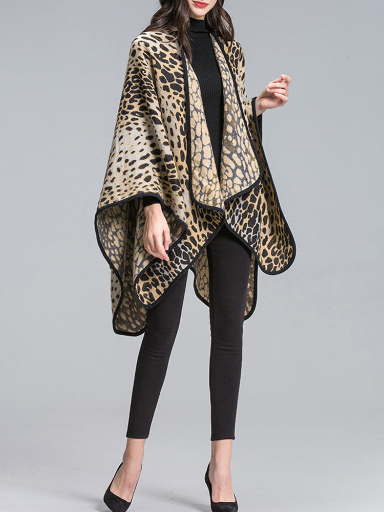 Leopard Printed Patchwork Shawl Loose Casual Cardigans