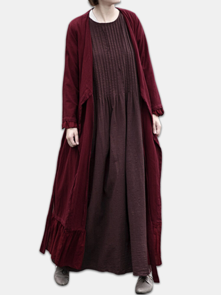 Long Sleeve Front Open Bandage Solid Maxi Cardigans