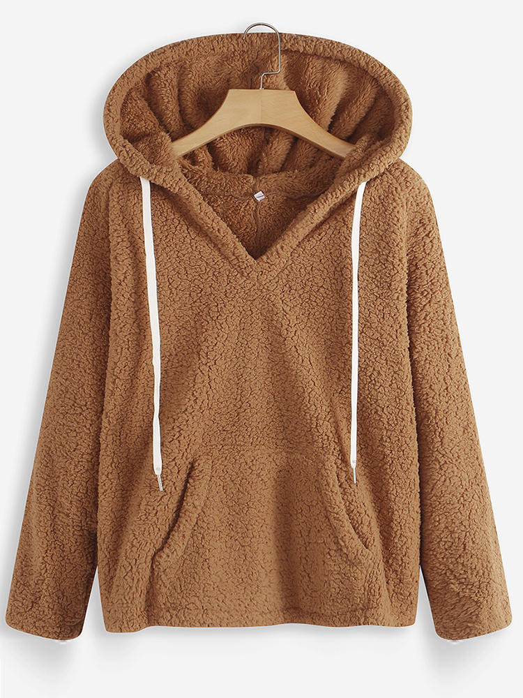 Women V-neck Hooded Solid Color Fleece Coats