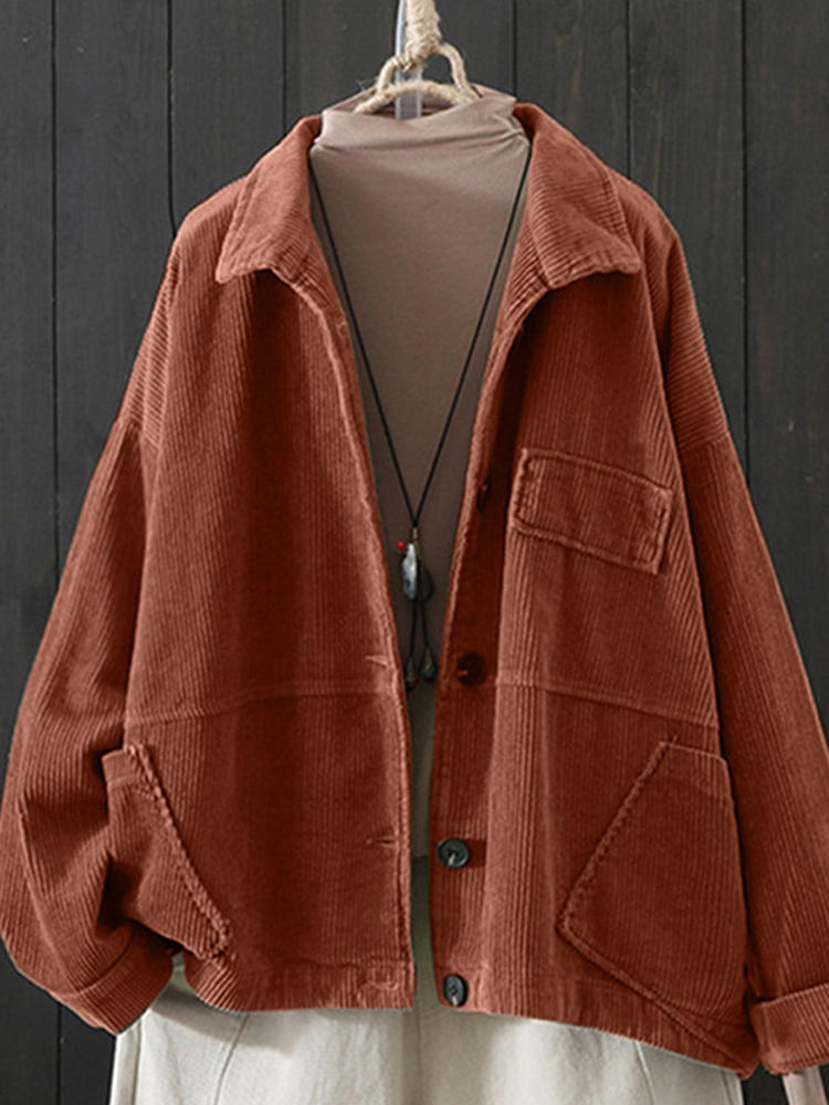 Solid Color Turn-down Collar Long Sleeve Corduroy Coats