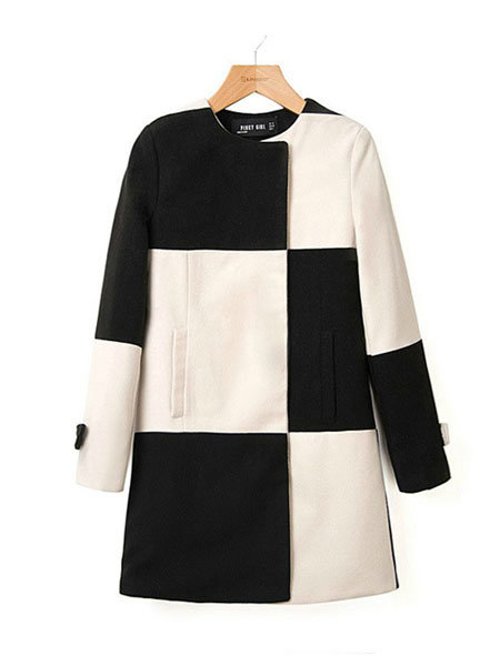 Women Hit Color Black White Plaid Stitching Windbreaker Wool Coat