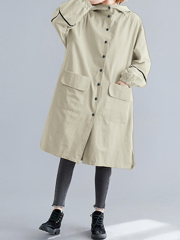 Women Casual Button Double Big Pockets Hooded Trench