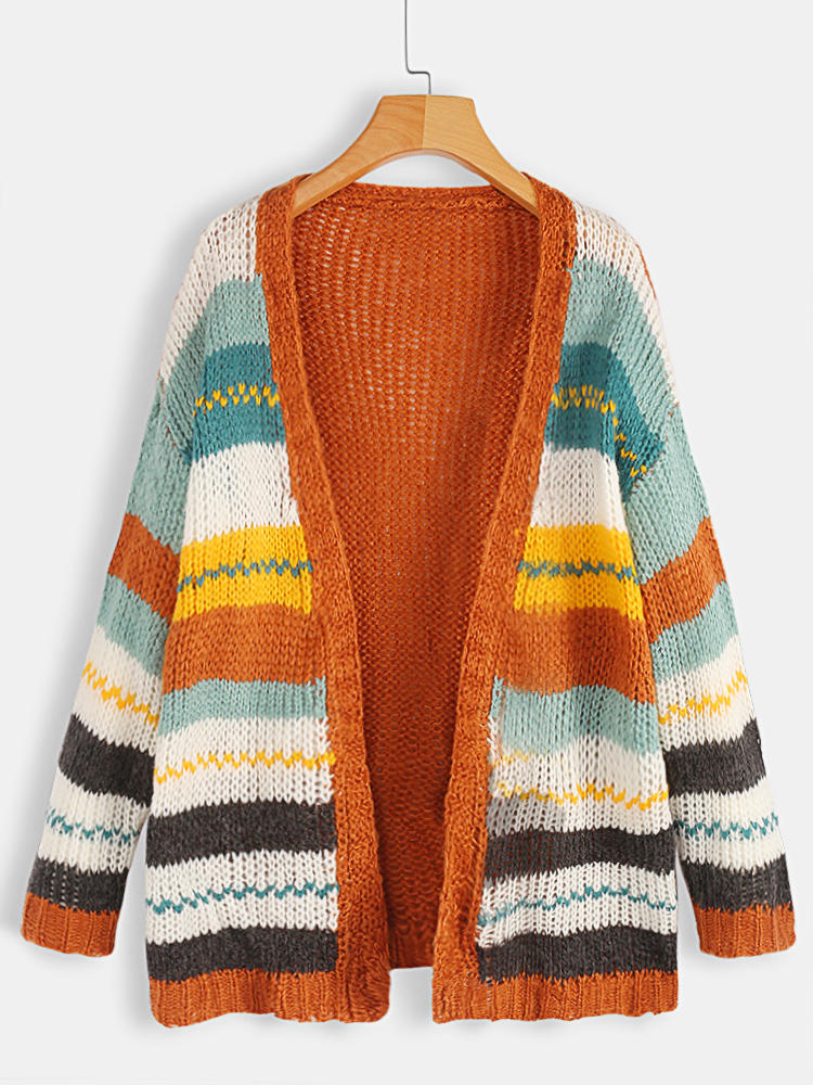 Women Casual Striped Color-Block Sweater Cardigans