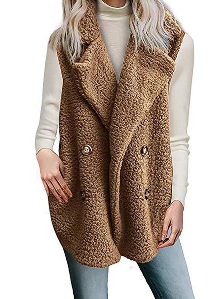 Women Winter Solid Color Sleeveless Fleece Button Vest Coats