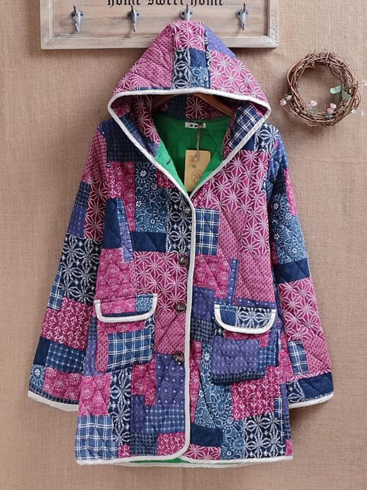 Ethnic Women Cotton Hooded Long Sleeve Pocket Button Patchwork Coat