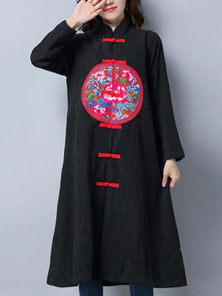 Folk Style Women Embroidered Long Sleeve Buttons Corduroy Coat