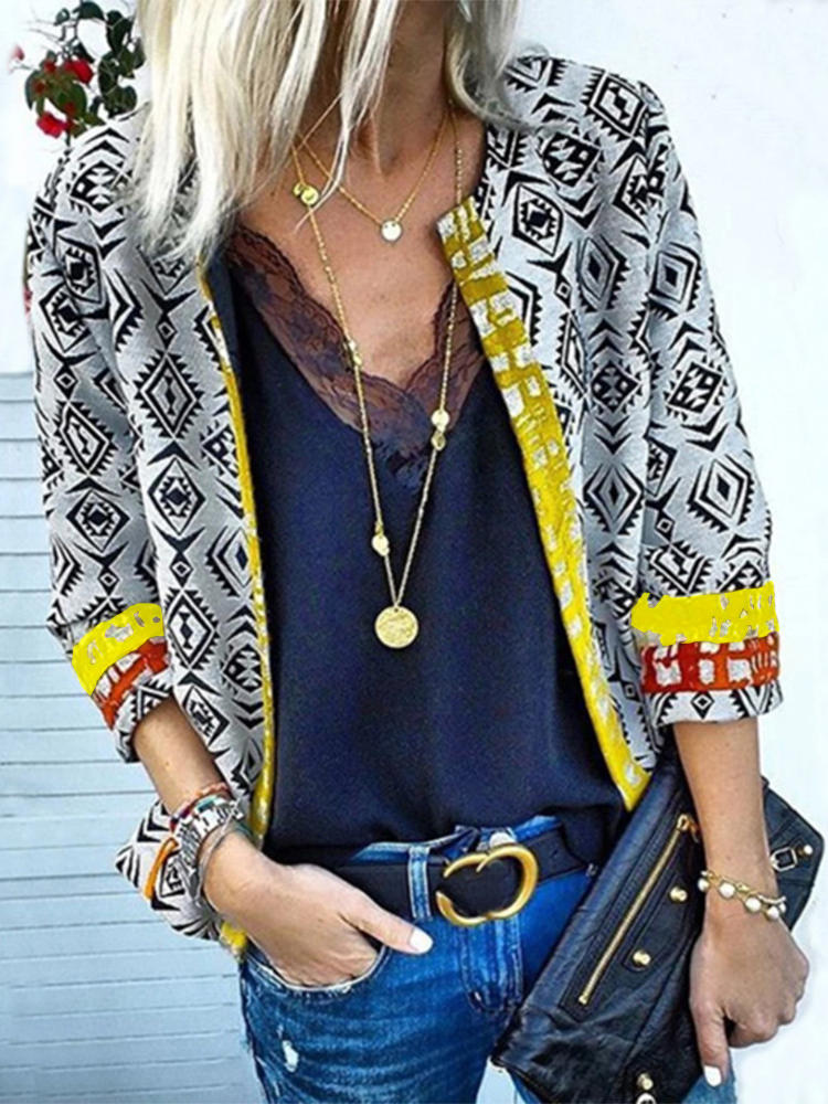 Women Vintage Ethnic Print 3/4 Sleeve Cardigans