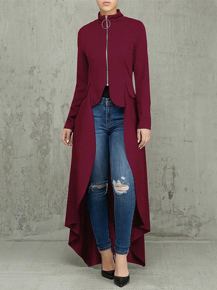 Women Zip Up High Low Long Coat Blouse Shirt