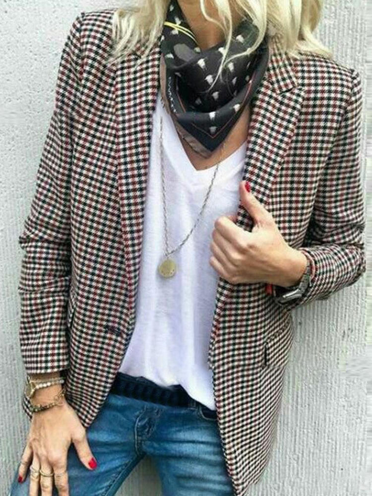 Women Casual Plaid Turn-down Collar Pocket Blazers