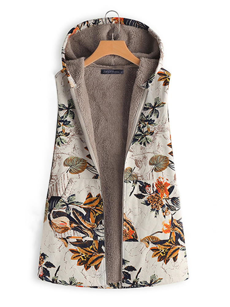 Women Sleeveless Zipper Floral Print Coats