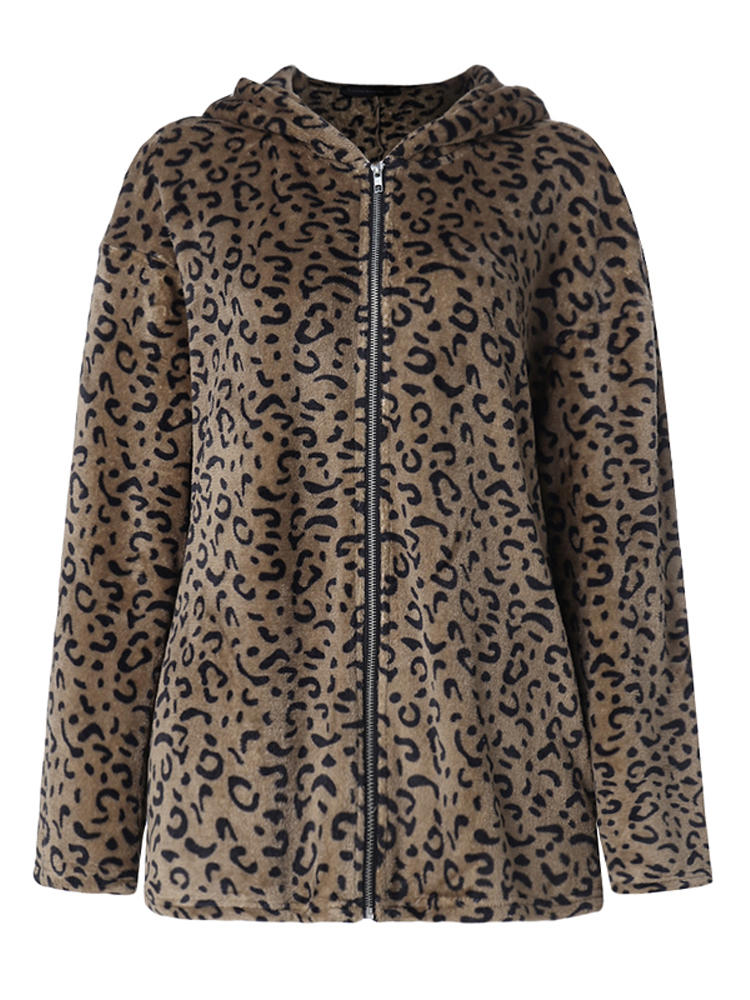 Women Casual Zip Up Leopard Print Hooded Coats