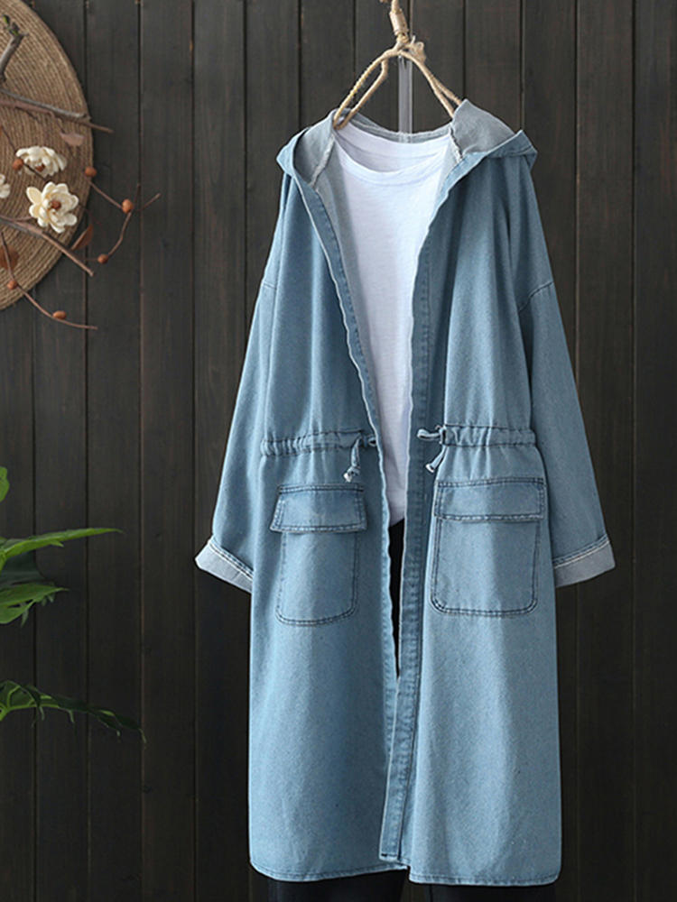 Casual Women Drawstring Long Sleeve Hooded Denim Coats