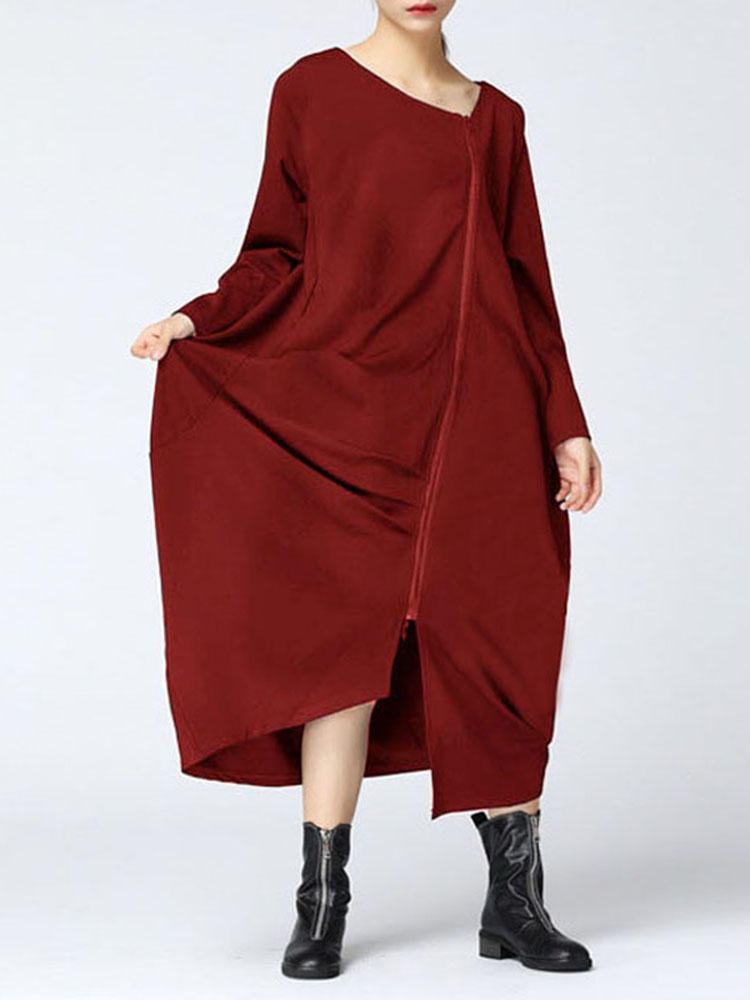 Casual Women Solid Color Long Sleeve Zip Up Asymmetrical Hem Coat