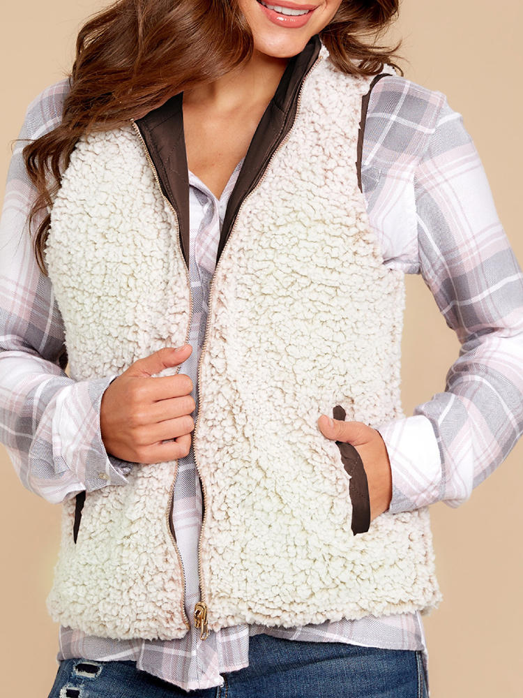 Women Solid Turn-down Collar Thick Vest Jacket