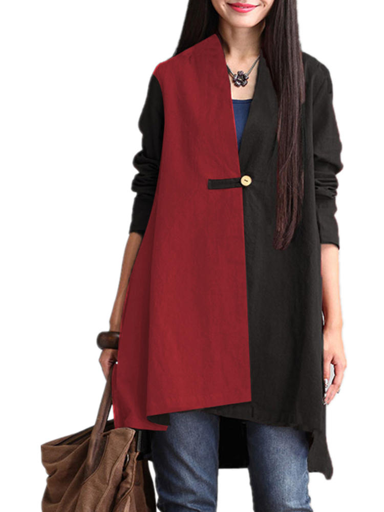 Women Casual Button Color Patchwork Autumn Coats