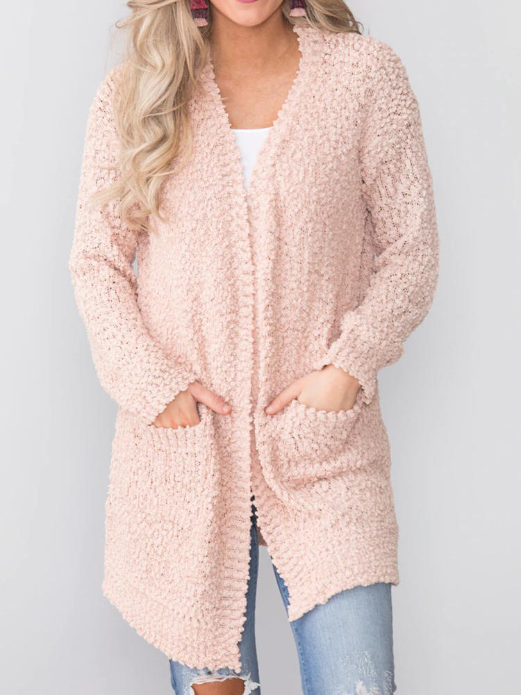 Casual Women Solid Color Fleece Cardigans with Pockets