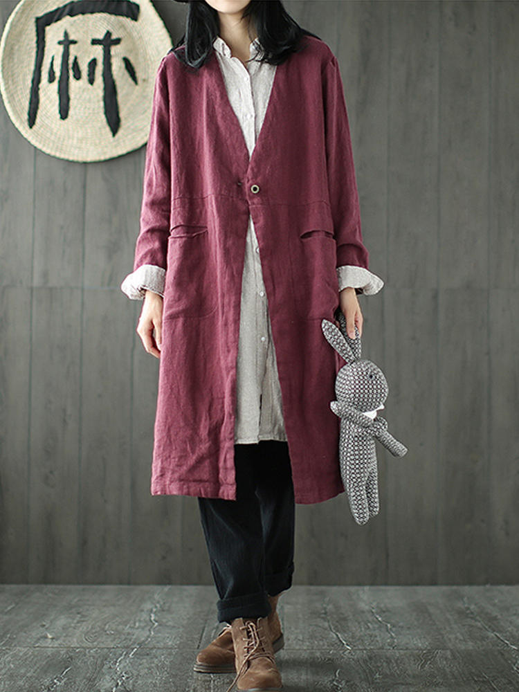 Women V Neck Long Sleeve Button Pockets Solid Coat