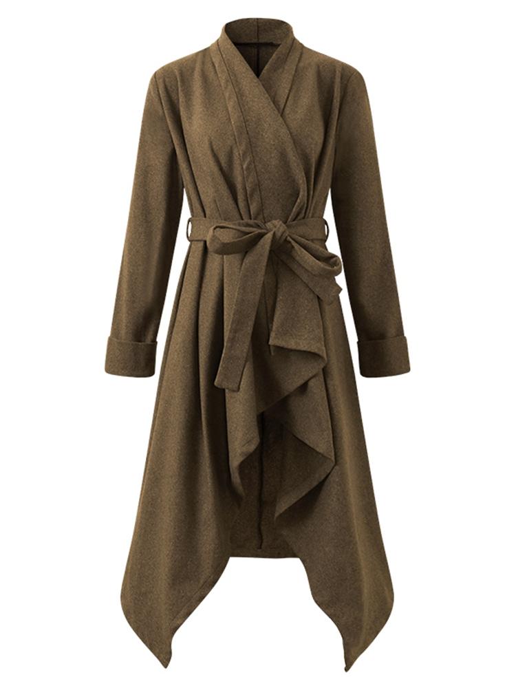 Elegant Women Solid Color Tie Waist Shawl Collar Wool Coat