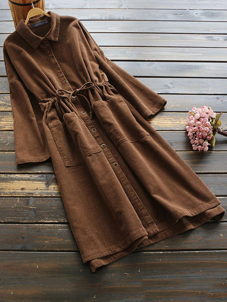 Corduroy Long Sleeve Drawstring Waist Coats