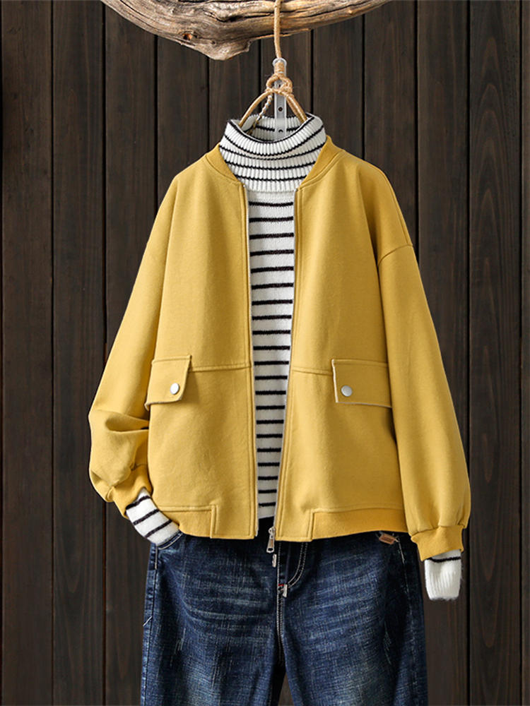 Women Long Sleeve Stand Collar Solid Color Causal Short Coat