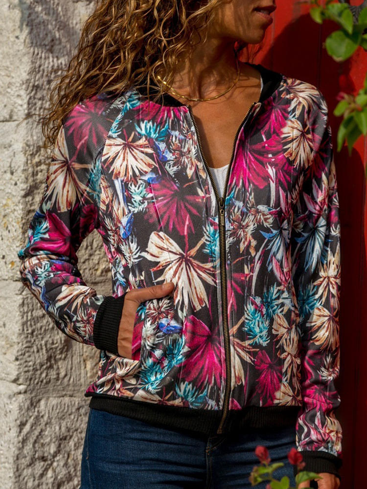 Women Casual Print Zipper Long Sleeve Coats